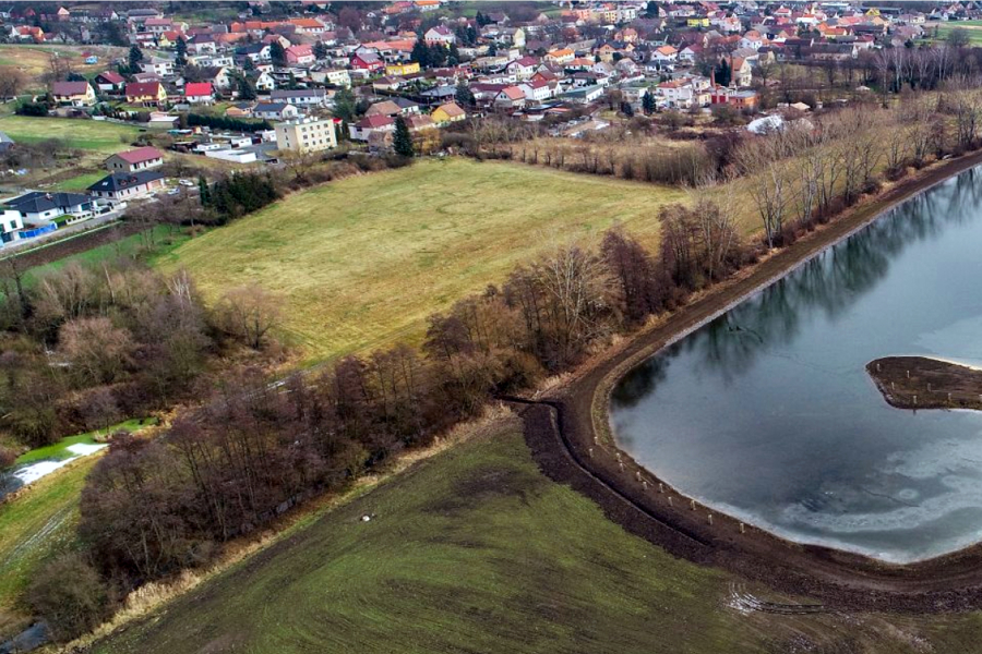 a water reservoir near a town